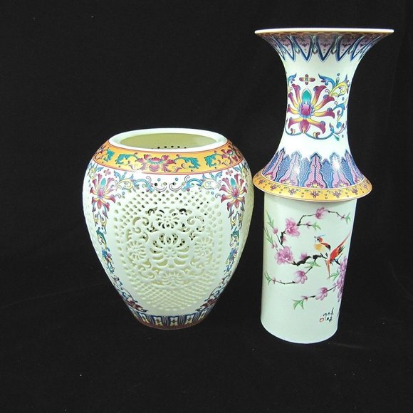 Chinese reticulated 2pc Porcelain Vase Vintage blue white floral bird - Picture 7 of 9